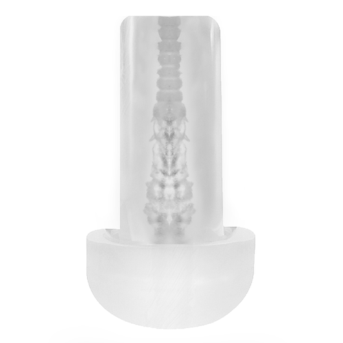 Gros plan du manchon masturbateur Addicted transparent texture, embouchure moulee en orifice realiste et base arrondie, gaine de plaisir a effet succion.