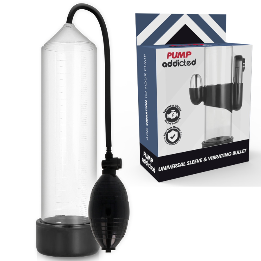 Pompe a penis Addicted a cylindre transparent et poire d'aspiration noire avec manometre, presentee avec sa boite Pump, dispositif de vide pour favoriser l'afflux sanguin.