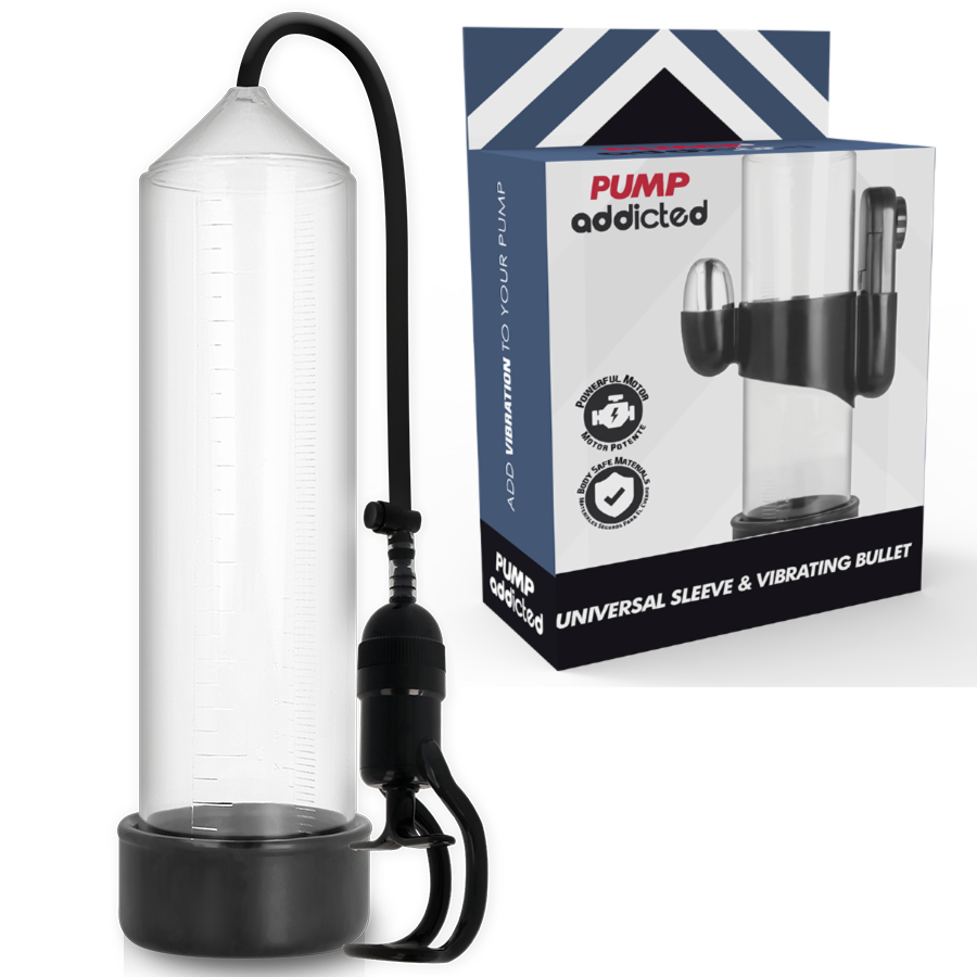 Pompe a penis Addicted a cylindre transparent et poire d'aspiration noire, presentee avec sa boite Pump, dispositif de vide manuel avec gaine et bullet pour la stimulation.