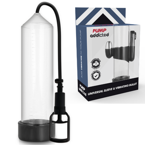 Pompe a penis manuelle Addicted Pump a cylindre transparent et gachette de pompage, vue isolee montrant l'embase vibrante et le manchon souple d'entree.