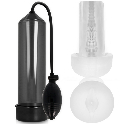 Pompe a penis Addicted fume a poire de vide, accompagnee de deux manchons transparents dont un moule en orifice intime realiste pour la stimulation.