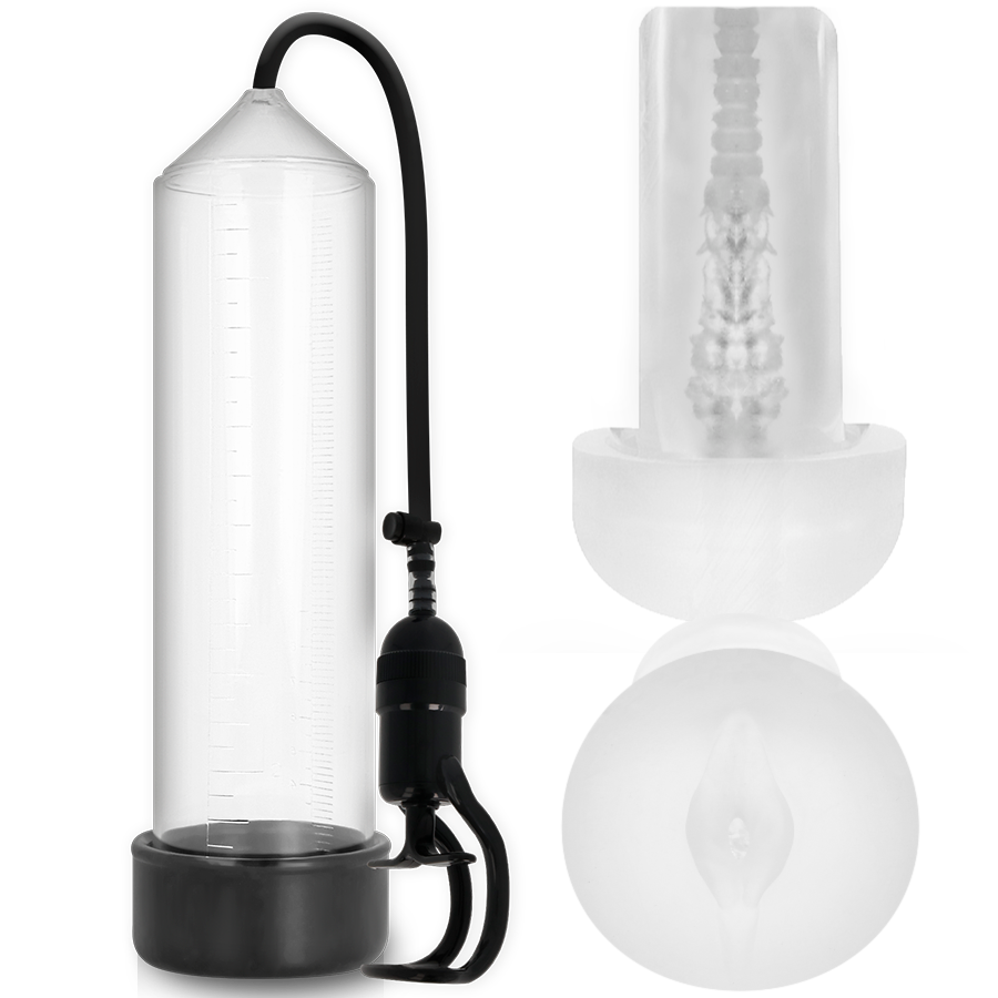Pompe a penis Addicted transparente a poire d'aspiration, avec deux manchons translucides dont un moule en orifice realiste pour la masturbation.