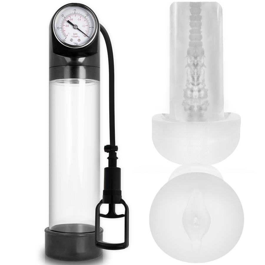 Pompe a penis Addicted a cylindre transparent et manometre, avec deux manchons translucides dont un moule en orifice intime realiste pour le plaisir.