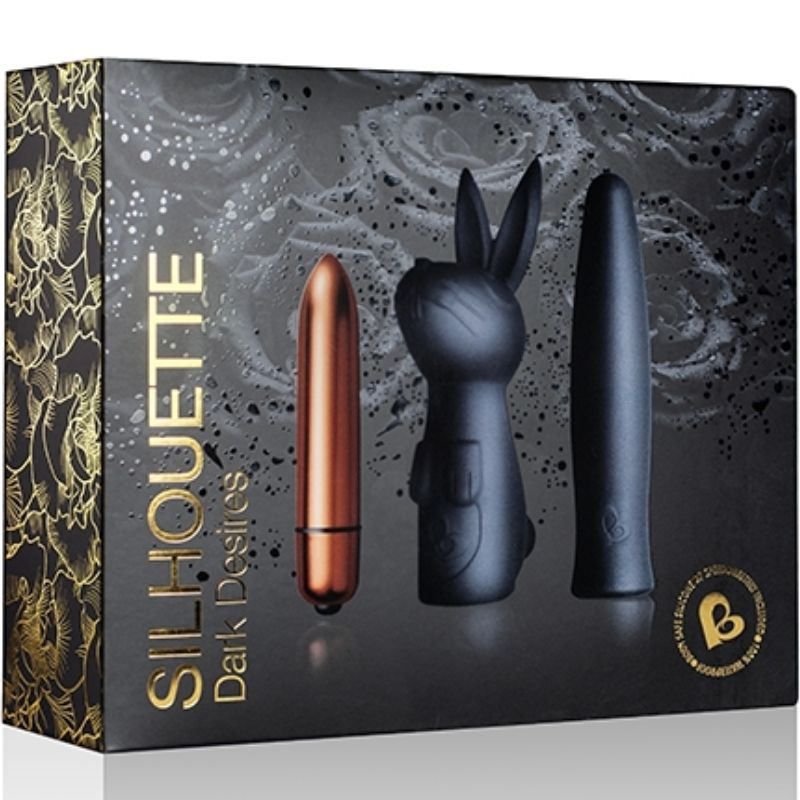 Boîte Silhouette Dark Desires de Rocks-Off noir et or, montrant les trois pièces du coffret : balle cuivrée, lapin noir et stimulateur effilé, sans scène.