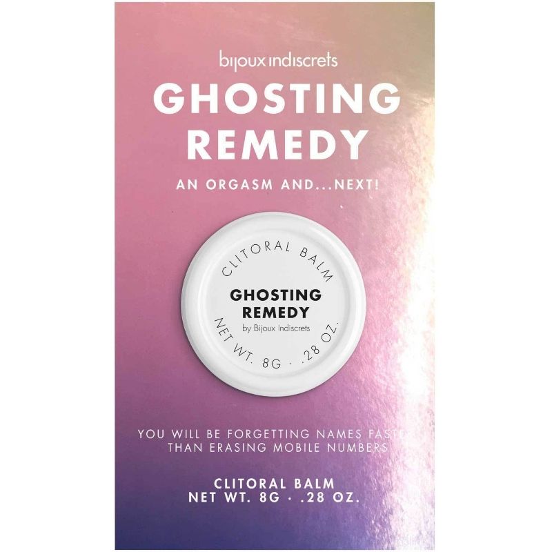 Etui violet degrade du baume Ghosting Remedy Bijoux Indiscrets, slogan An orgasm and next, packaging du baume clitoridien chauffant 8 g sur fond blanc