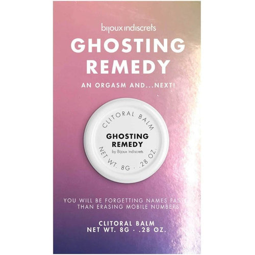 Etui violet degrade du baume Ghosting Remedy Bijoux Indiscrets, slogan An orgasm and next, packaging du baume clitoridien chauffant 8 g sur fond blanc