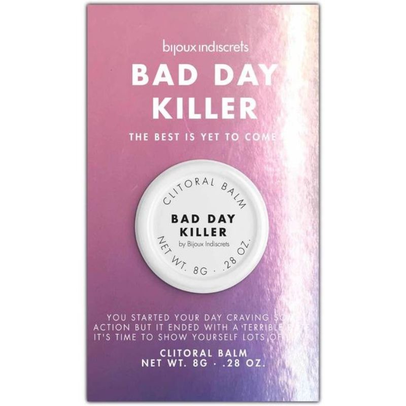 Etui violet du baume clitoridien Bad Day Killer Bijoux Indiscrets, texte The best is yet to come, packaging du cosmetique chauffant 8 g sur fond blanc