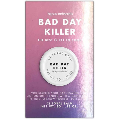 Etui violet du baume clitoridien Bad Day Killer Bijoux Indiscrets, texte The best is yet to come, packaging du cosmetique chauffant 8 g sur fond blanc