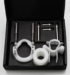 Coffret du systeme JES-Extender : barres metalliques de traction reglables, anneau de base en silicone et clips tete, dispositif certifie pour extension penienne progressive 600-1500 g.