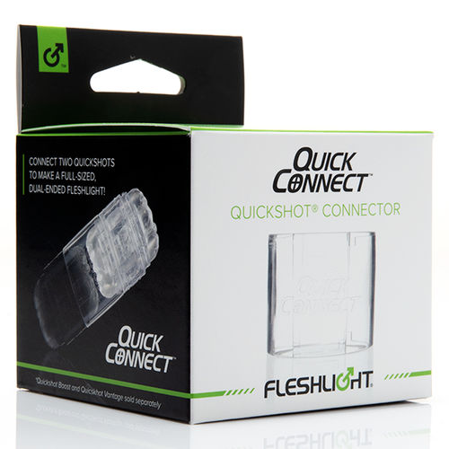 Boite du connecteur Quickshot Connector Fleshlight, packaging vert et noir presentant l adaptateur transparent de couplage rapide