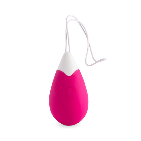 Oeuf vibrant Intense Jan en silicone rose, vue de trois quarts montrant la pointe coloree et le cordon, jouet discret a distance 10 modes rechargeable submersible.