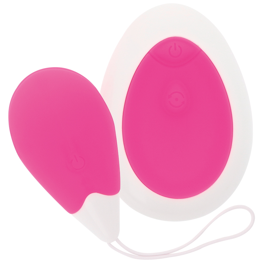 Oeuf vibrant Intense Jan rose avec sa telecommande ovale blanche, vue d'ensemble du set a controle sans fil, jouet rechargeable submersible a 10 modes de vibration.
