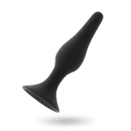 Plug anal Intense en silicone noir vu de profil, tige conique elancee terminee par une base ventouse plate, surface lisse pour une penetration anale progressive.
