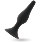 Plug anal Intense en silicone noir incline, tige conique etagee a renflements et base ventouse circulaire, finition lisse pour une insertion anale graduelle.
