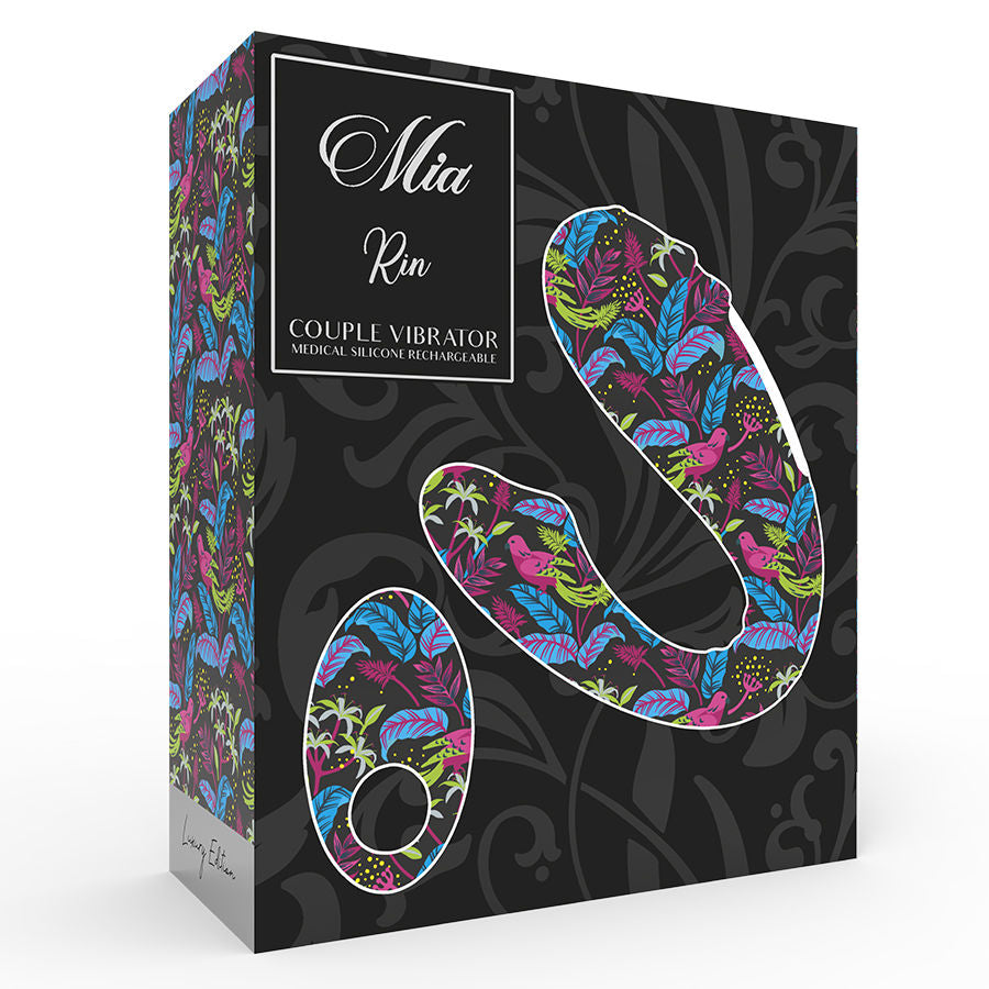 Boite noire du vibromasseur couple Rin de la marque Mia, illustrant le sextoy silicone aux motifs colores avec la mention couple vibrator en silicone medical rechargeable.