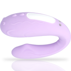 Vibromasseur pour couple Rin en silicone violet pastel, vue de cote sur sa double branche souple en U offrant une double stimulation lors des rapports, usage etanche.