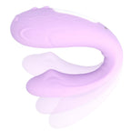 Vibromasseur pour couple Rin en silicone violet doux, vue laterale de sa forme en U articulee illustrant la flexibilite des deux branches pour une double stimulation etanche.