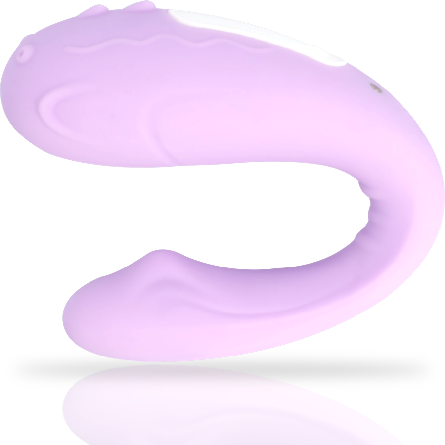 Sextoy couple Rin en silicone lila presente en mouvement, montrant l'amplitude de sa branche flexible et son embout arrondi pensé pour un usage telecommande pendant les rapports.