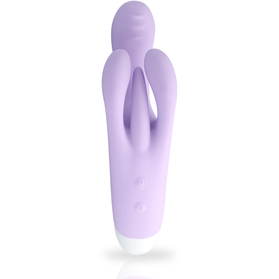 Vibromasseur rabbit en silicone lila vu de face, montrant la tige courbee pour le point G et les deux oreilles clitoridiennes, avec sa base claire et ses boutons de commande.