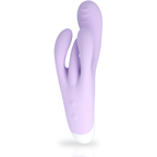 Vibromasseur rabbit silicone violet sur base blanche, vue de face detaillant la double branche clitoridienne souple et les boutons de reglage des moteurs de vibration.