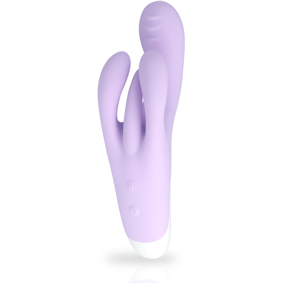 Vibromasseur rabbit silicone violet sur base blanche, vue de face detaillant la double branche clitoridienne souple et les boutons de reglage des moteurs de vibration.