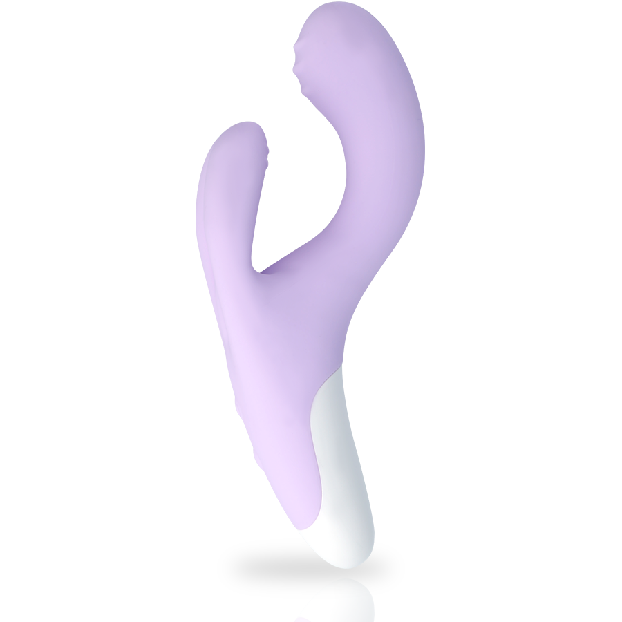 Vibromasseur rabbit silicone violet pastel vu de profil, soulignant la courbure de la tige point G et l'oreille de stimulation clitoridienne, base claire et embout blanc.