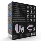 Dos de l'emballage du vibromasseur couple Rin, presentant les pictogrammes multilingues, le silicone ABS sans BPA, l'etancheite et le format en U de la double stimulation.