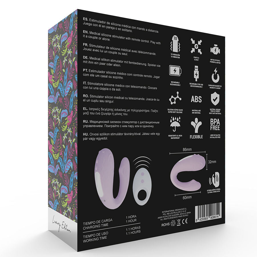 Dos de l'emballage du vibromasseur couple Rin, presentant les pictogrammes multilingues, le silicone ABS sans BPA, l'etancheite et le format en U de la double stimulation.