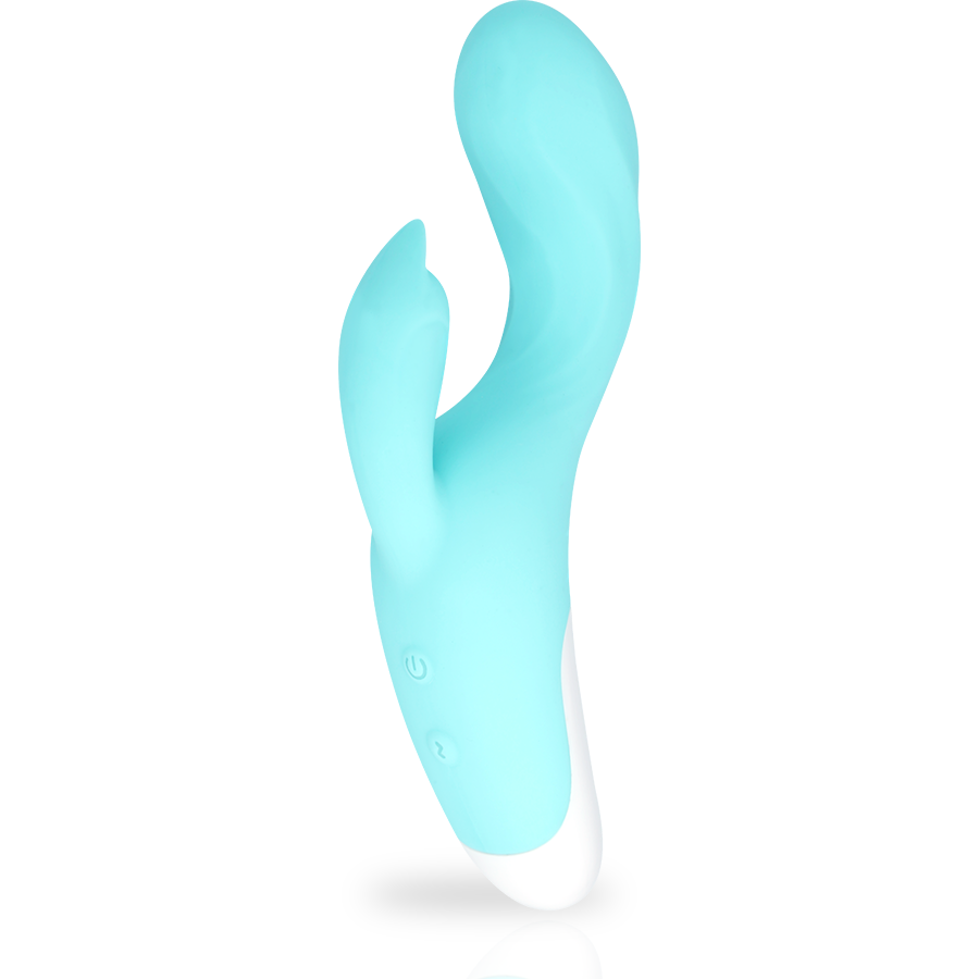Vibromasseur lapin Dresde en silicone medical turquoise, vue de profil sur sa tige courbee et son oreille clitoridienne souple, format compact de 19,2 cm etanche et rechargeable.