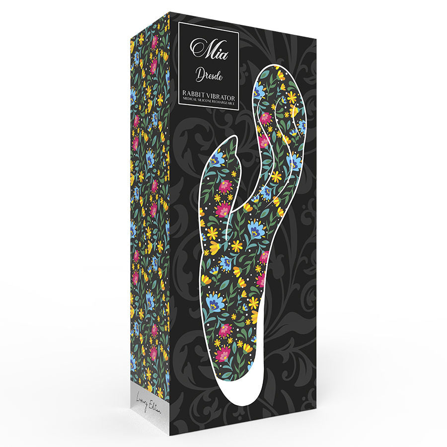 Boite noire du vibromasseur lapin Dresde Mia, illustrant le rabbit silicone habille de motifs floraux multicolores, gamme rabbit vibrator en silicone medical rechargeable.