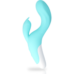 Vibromasseur lapin Dresde turquoise vu de profil, mettant en valeur la courbe de la tige et l'oreille clitoridienne souple, silicone medical rechargeable USB et etanche.