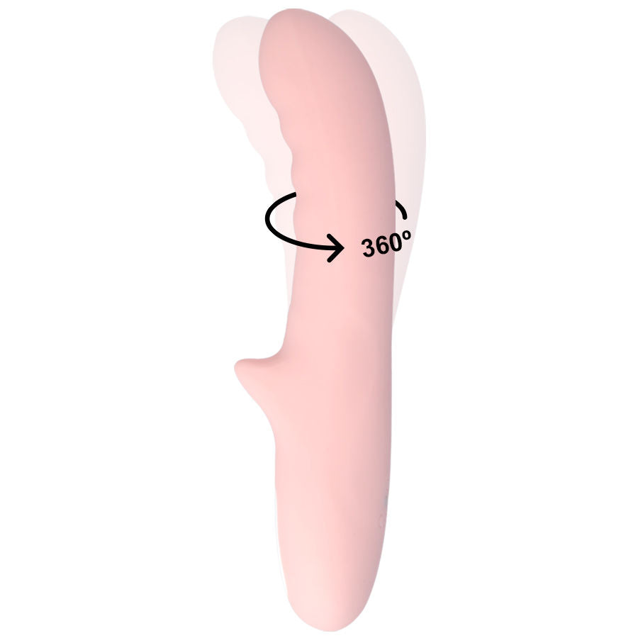 Vibromasseur point G rose presente avec un schema de rotation 360 degres, illustrant la sphere rotative de la tige en silicone souple a double moteur pour le point G.