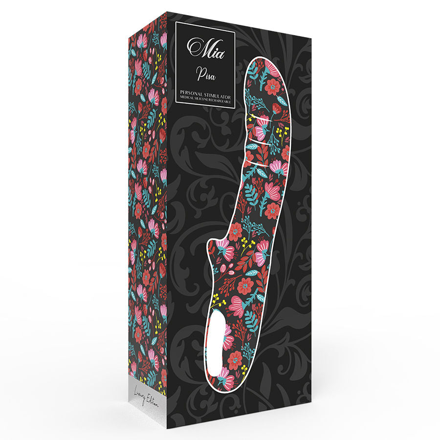 Boite noire du vibromasseur point G Mia Pia, illustrant la silhouette du sextoy silicone aux motifs floraux roses, gamme stimulateur point G rotatif a double moteur.