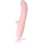 Vibromasseur point G rose en silicone souple vu de profil, soulignant la courbure de la tige et la sphere rotative, double moteur a 10 programmes de vibration.