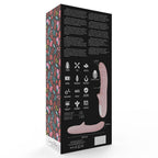 Dos de l'emballage du vibromasseur point G rose, presentant les pictogrammes techniques, le silicone ABS sans BPA et le schema du stimulateur a double moteur rotatif Mia.