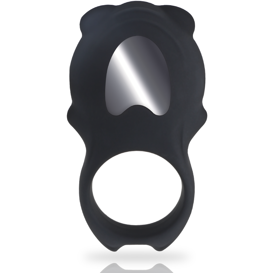 Anneau vibrant Colosseo en silicone medical noir, vue de face sur l'anneau souple et la zone de commande brillante, cockring rechargeable et etanche pour couples.