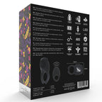 Dos de l'emballage du cockring Colosseo, presentant les descriptions multilingues, les pictogrammes LED, ABS sans BPA et le schema technique de l'anneau vibrant etanche.