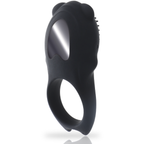 Anneau vibrant Colosseo noir vu de trois quarts, montrant l'anneau en silicone medical, le relief stimulant a picots et le bouton de reglage des 10 modes de vibration.
