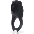 Cockring vibrant Colosseo en silicone medical noir vu de cote, detail du large relief stimulant a picots souples amovible place sur l'anneau pour intensifier le plaisir partage.
