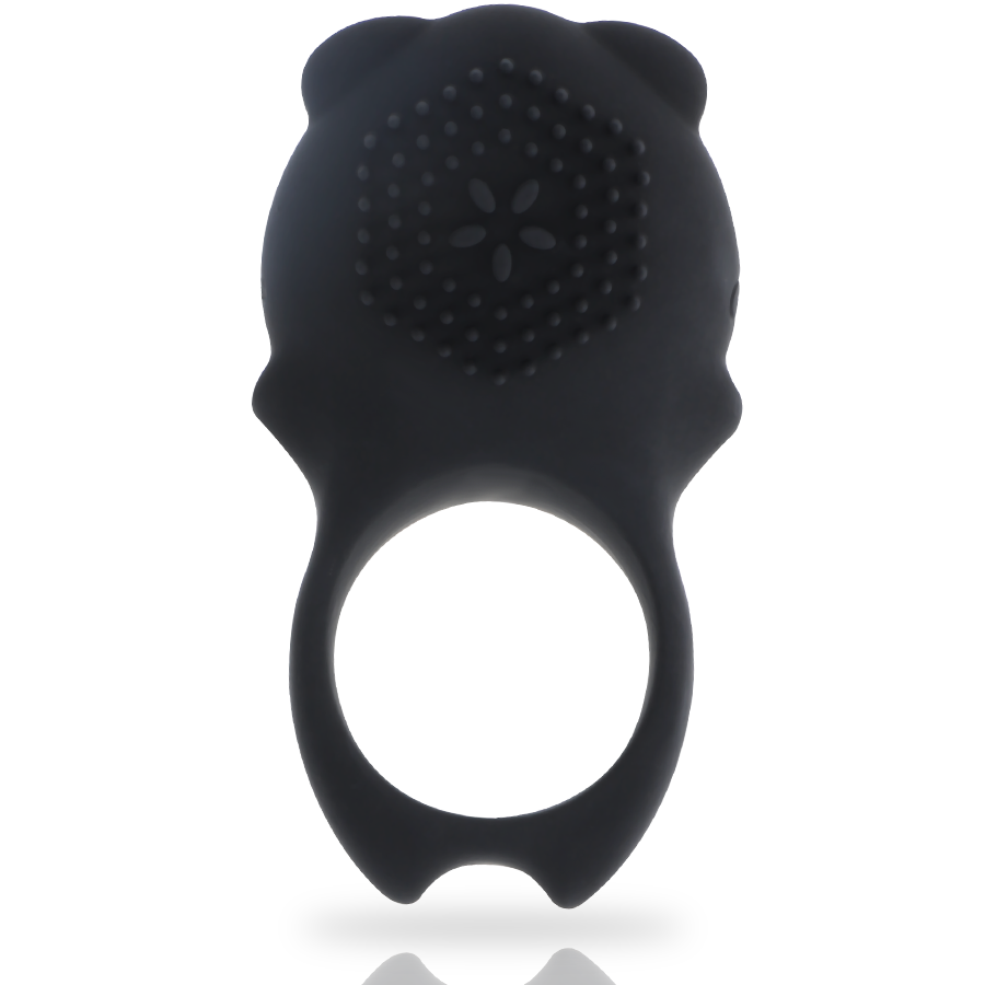 Anneau vibrant Colosseo noir vu de face, son relief stimulant texturé surplombant l'anneau souple en silicone medical, cockring rechargeable etanche a 10 modes de vibration.