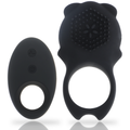Anneau vibrant Colosseo noir en silicone medical avec son relief stimulant texture et sa telecommande sans fil, vue d'ensemble du cockring rechargeable et etanche a 10 modes.