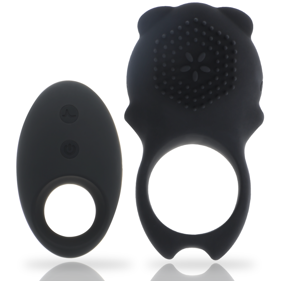 Anneau vibrant Colosseo noir en silicone medical avec son relief stimulant texture et sa telecommande sans fil, vue d'ensemble du cockring rechargeable et etanche a 10 modes.