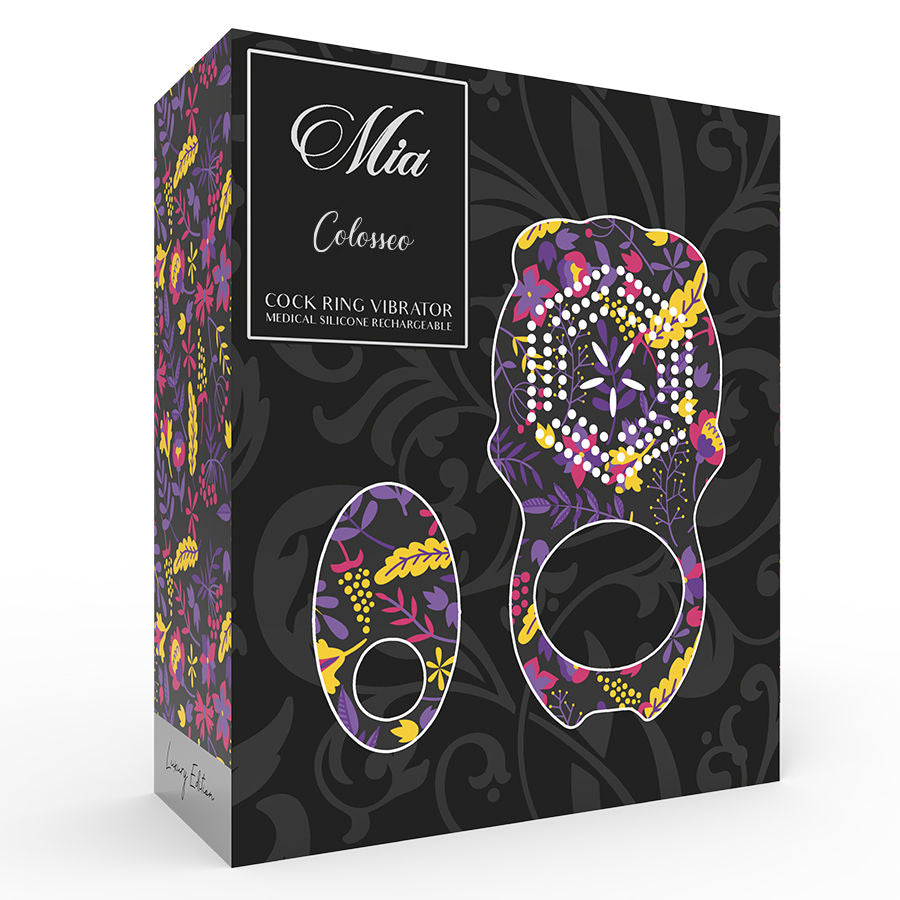 Boite noire de l'anneau vibrant Colosseo Mia, illustrant le cockring silicone et son relief stimulant en motifs colores, gamme cock ring vibrator en silicone medical rechargeable.