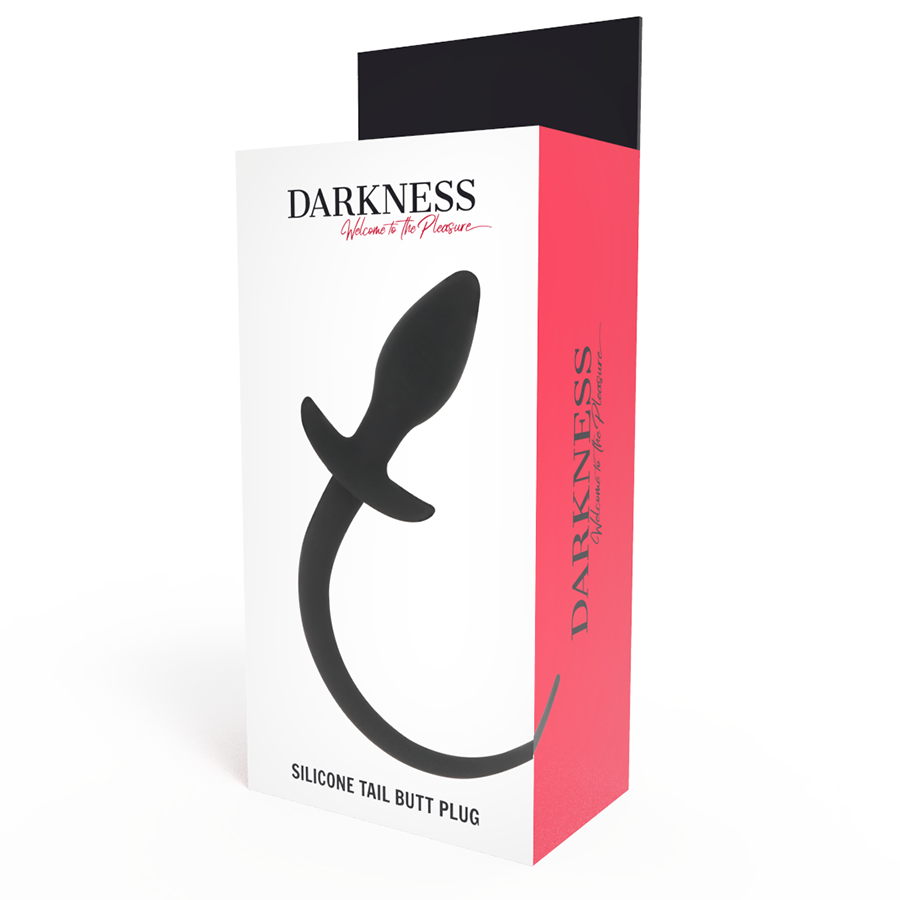 Boite Darkness Silicone Tail Butt Plug montrant le plug anal noir a queue, packaging blanc et rouge mentionnant le silicone pour pratiquants debutants et confirmes