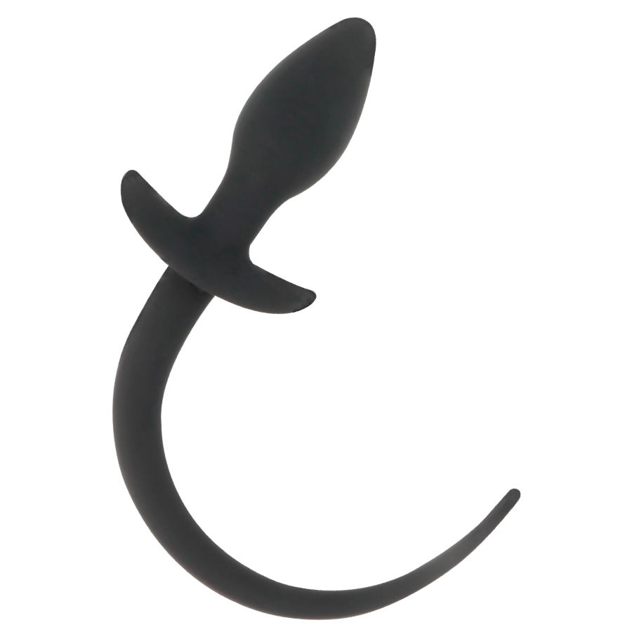 Gros plan du plug anal silicone noir Darkness et de sa fine queue recourbee sur fond blanc, embout lisse et longueur totale 28 cm pour une insertion facile