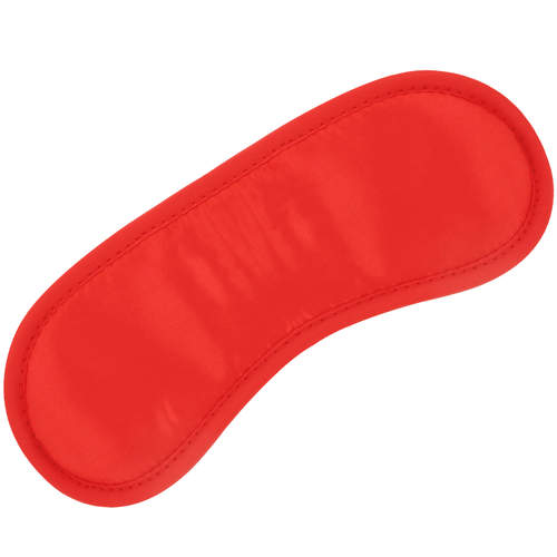Masque occultant en satin rouge Darkness presente a plat, forme arrondie et finition lisse. Bandeau souple pour les yeux destine a aiguiser les sens en coupant la vue.