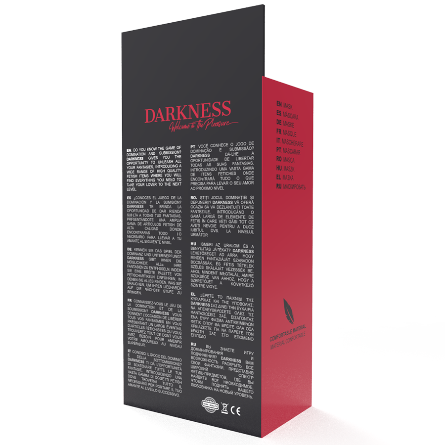 Dos de la boite Darkness soft blind mask noir et rouge avec notice descriptive. Emballage d'un masque occultant en satin a elastique reglable pour couper la vue en jeu sensoriel.