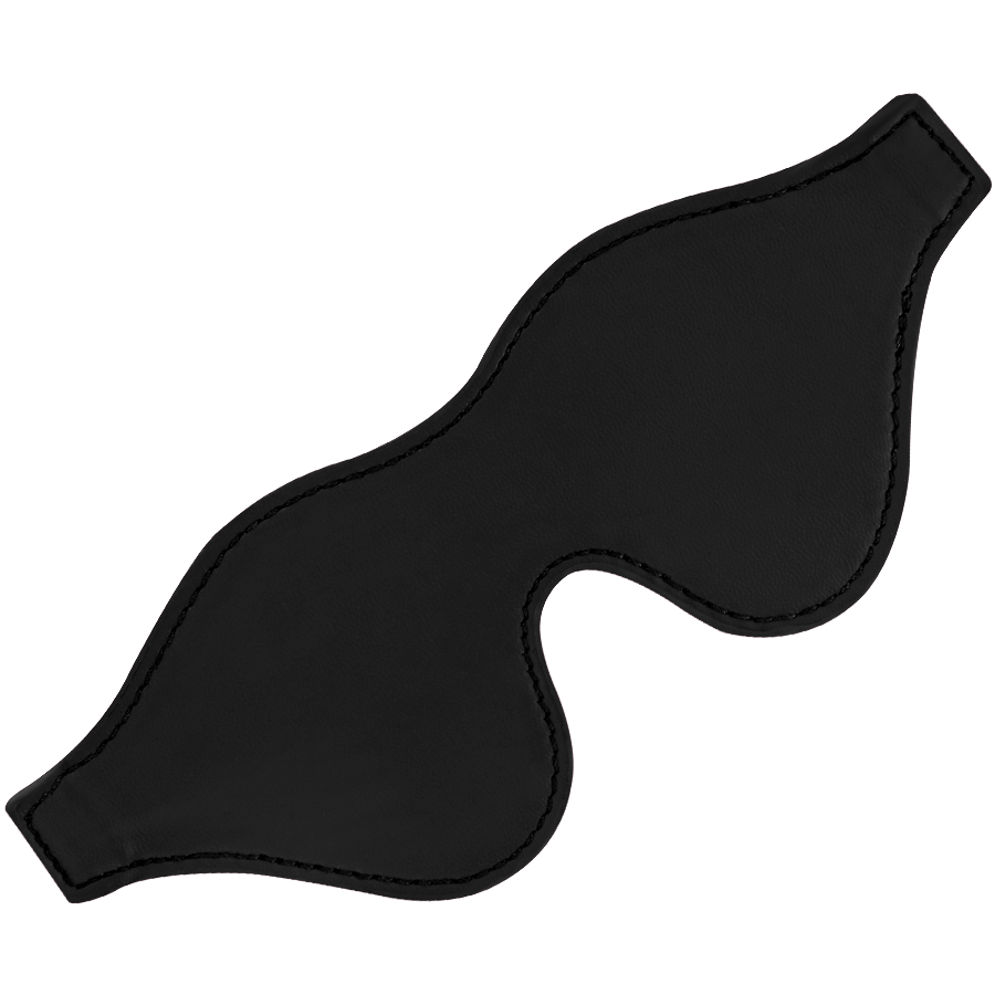 Masque occultant Darkness en vinyle noir a la forme ondulee, presente a plat de face. Bandeau pour les yeux a elastique pour des jeux de domination douce et de privation de vue.