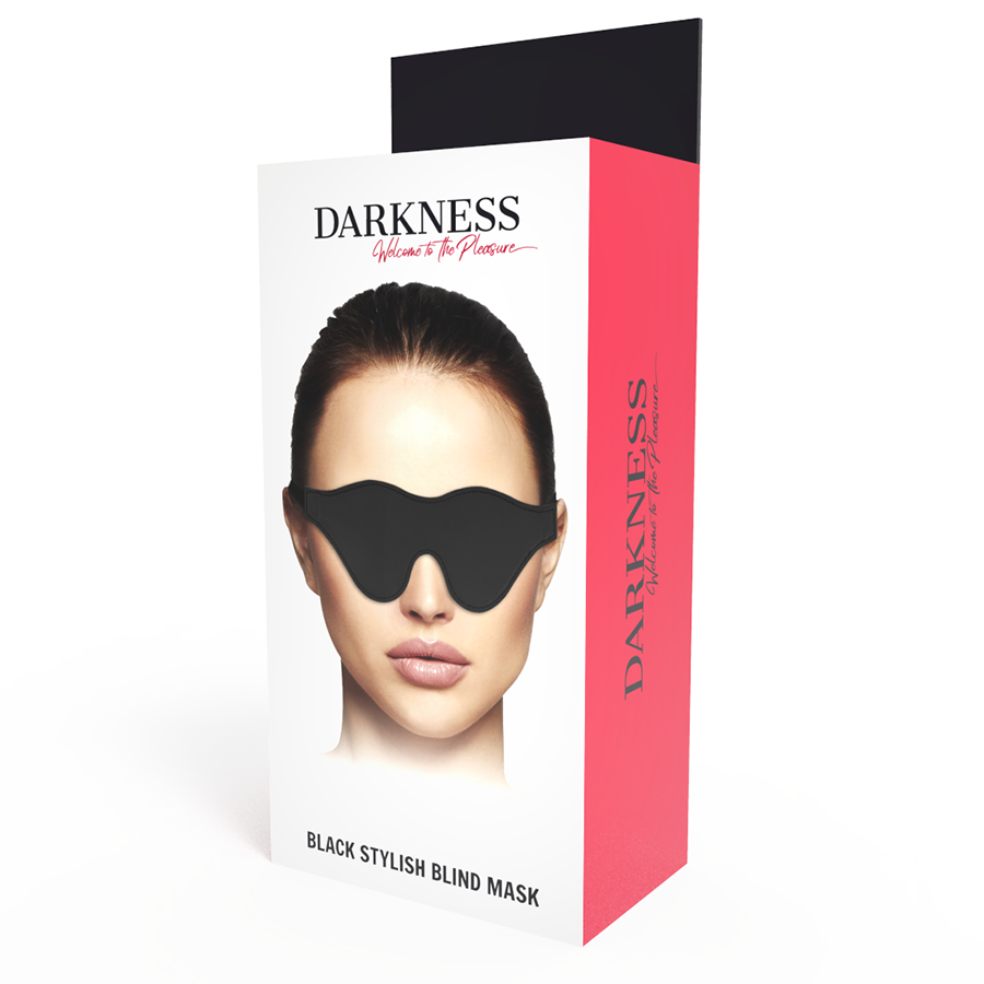 Boite Darkness Black Stylish Blind Mask montrant le masque occultant noir sur fond rose et blanc. Emballage d'un bandeau fetichiste pour couper la vue en jeu sensoriel.