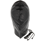 Cagoule de subjugation en satin noir — vue de profil